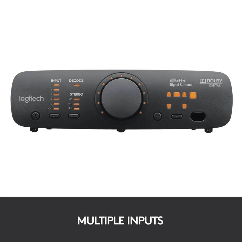 Front view of the Logitech Z906 5.1 Surround Sound Speaker System panel, showing its multiple inputs