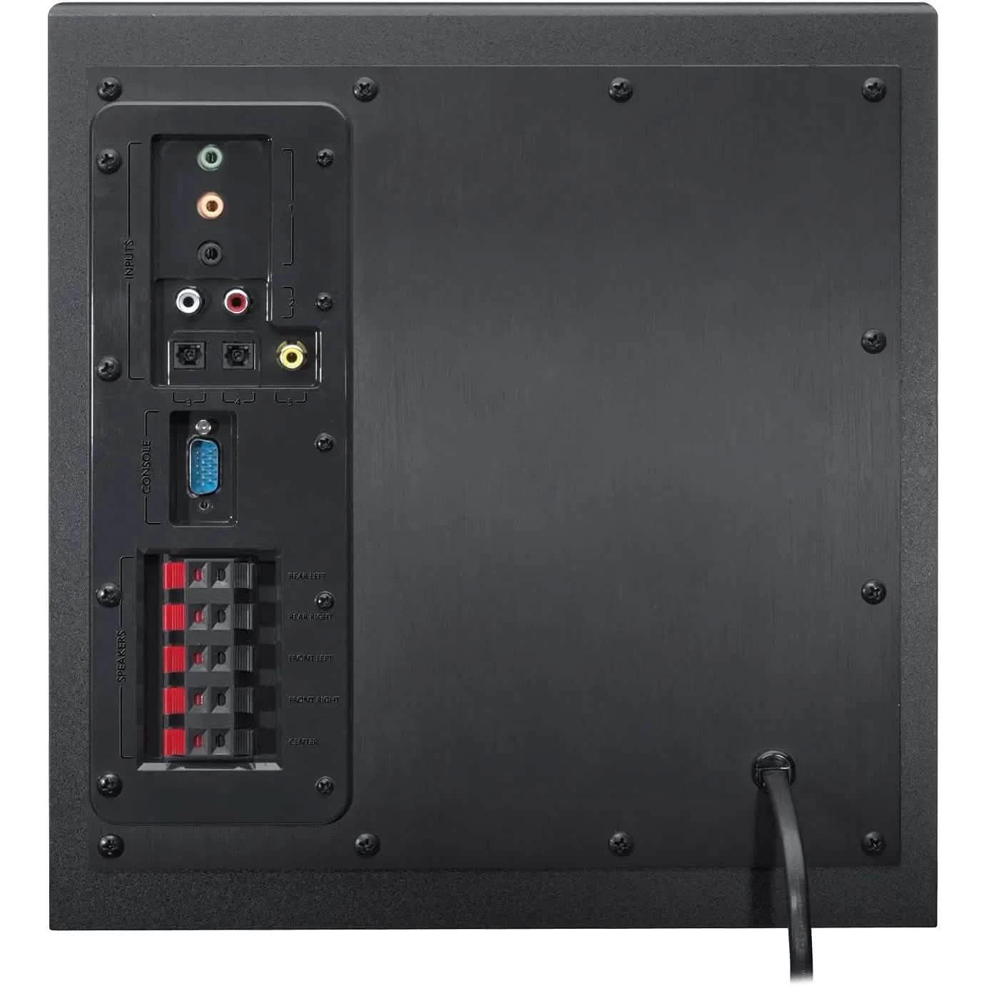 Back view of the Logitech Z906 5.1 Surround Sound Speaker System sub-woofer, showing all connections