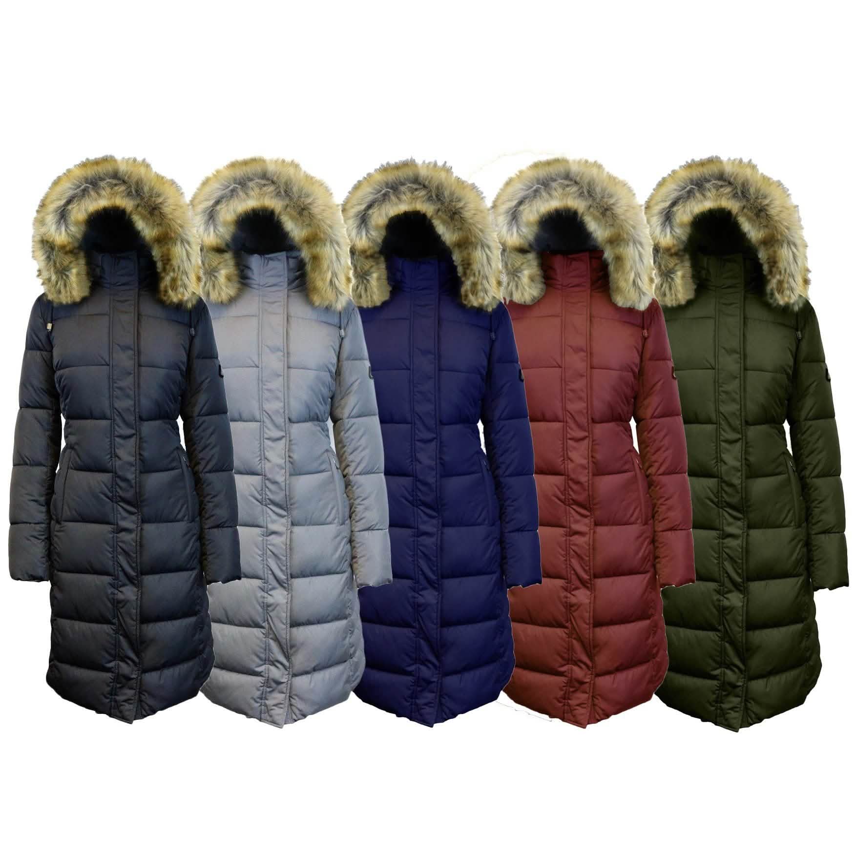 Five Long Heavyweight Parka Jacket with Faux-Fur Hood side by side in black, gray, navy, burgubdy, and olive
