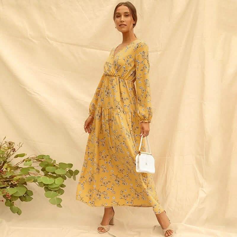 Long Sleeve Fashion Casual High Waist Maxi Dress Slim Floral Print V Neck Women's Clothing - DailySale