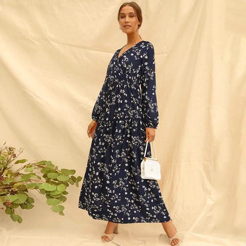 Long Sleeve Fashion Casual High Waist Maxi Dress Slim Floral Print V Neck Women's Clothing - DailySale