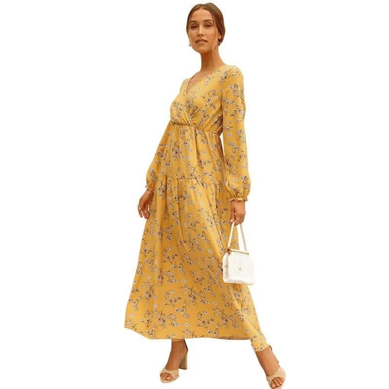 Long Sleeve Fashion Casual High Waist Maxi Dress Slim Floral Print V Neck Women's Clothing - DailySale