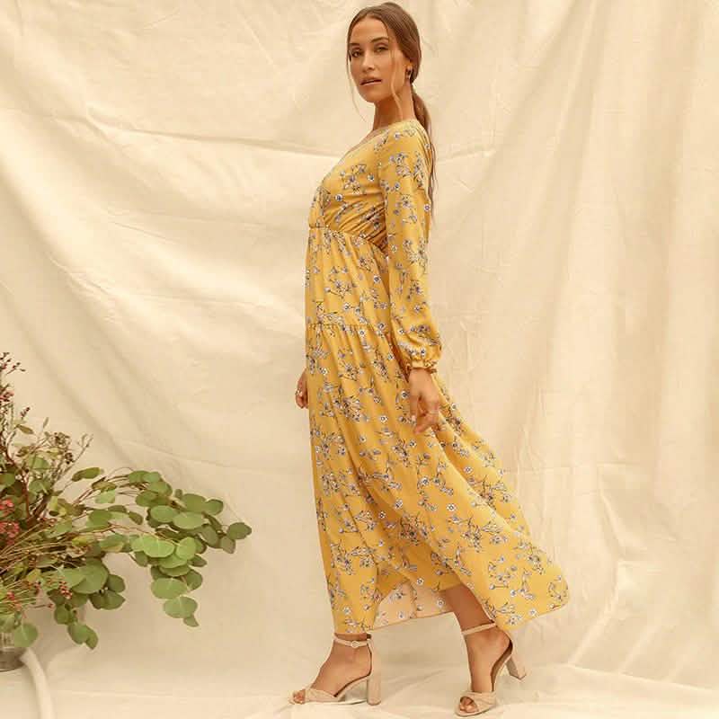 Long Sleeve Fashion Casual High Waist Maxi Dress Slim Floral Print V Neck Women's Clothing - DailySale