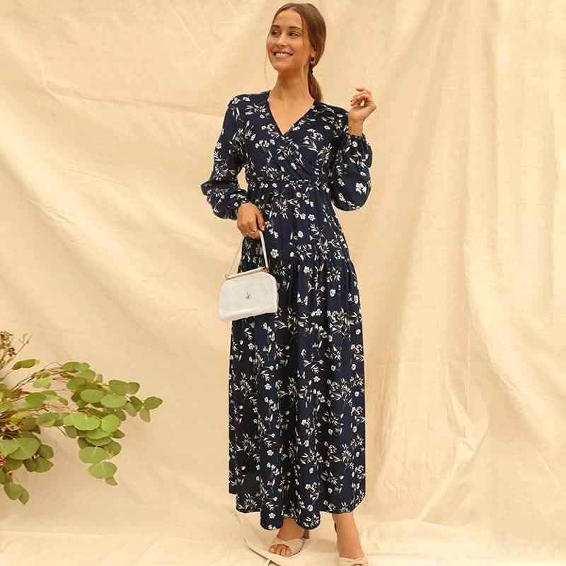 Long Sleeve Fashion Casual High Waist Maxi Dress Slim Floral Print V Neck Women's Clothing - DailySale