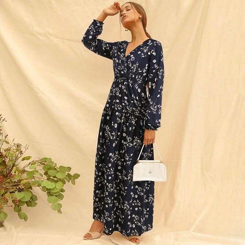 Long Sleeve Fashion Casual High Waist Maxi Dress Slim Floral Print V Neck Women's Clothing - DailySale