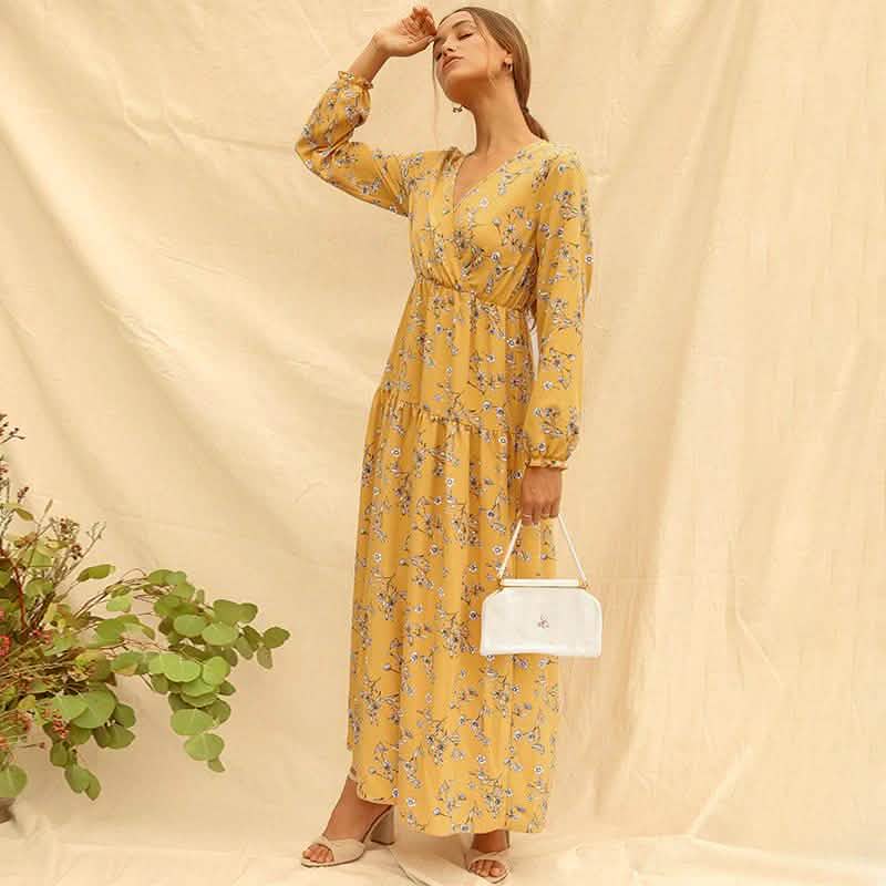 Long Sleeve Fashion Casual High Waist Maxi Dress Slim Floral Print V Neck Women's Clothing - DailySale