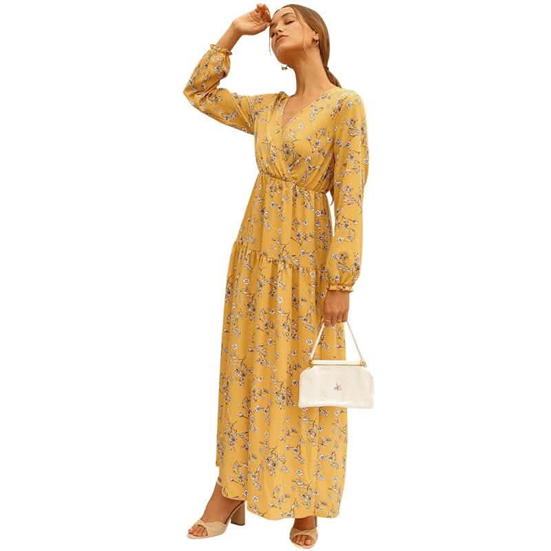 Long Sleeve Fashion Casual High Waist Maxi Dress Slim Floral Print V Neck Women's Clothing - DailySale