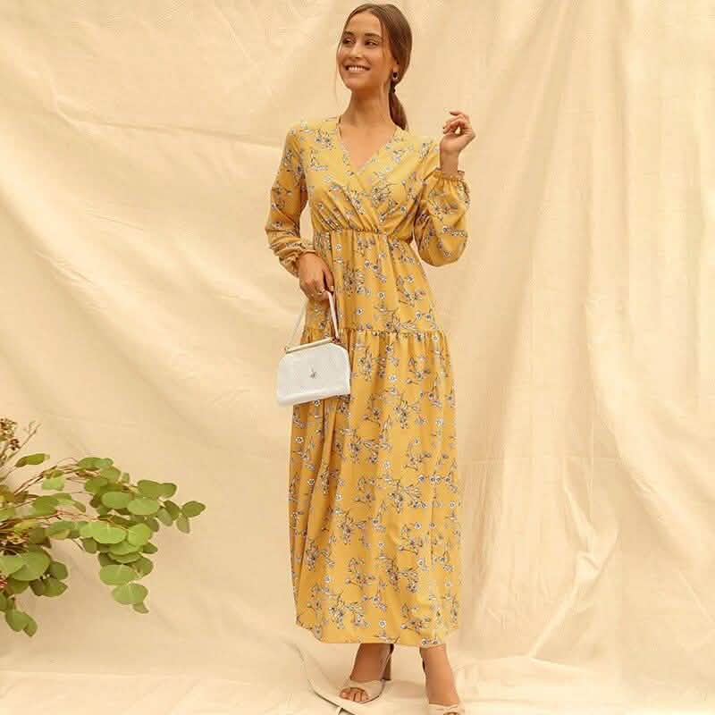 Long Sleeve Fashion Casual High Waist Maxi Dress Slim Floral Print V Neck Women's Clothing - DailySale