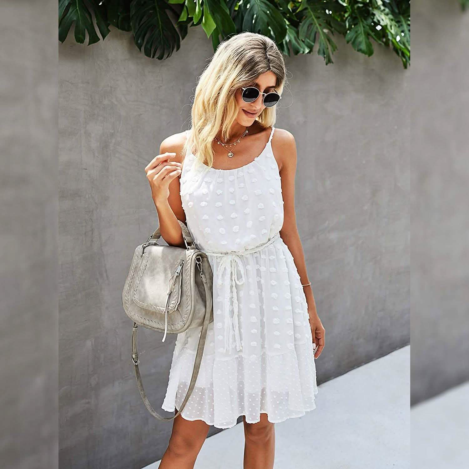 Lovinchic Women's Spaghetti Strap Tied Waist Floral Mini Dress Summer Casual Flowy Dress - White / XL Lovinchic Women's Spaghetti Strap Tied Waist Floral Mini Dress Summer Casual Flowy Dress - White / XL