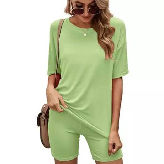 Matching Biker Short and T-Shirt Set Women's Clothing Green S - DailySale