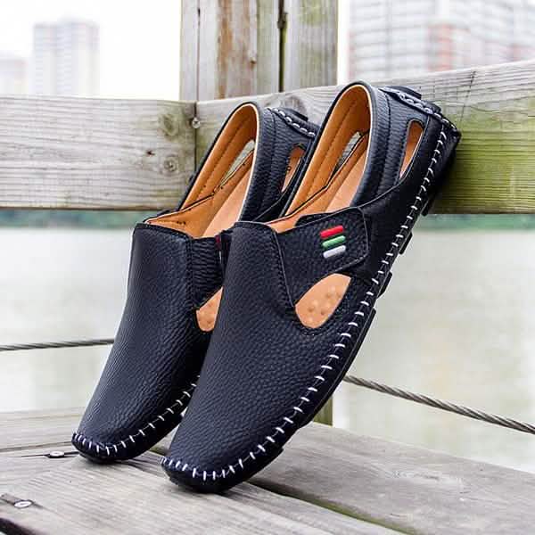 Men Casual Shoes Slip on Hollow Leather Men Shoes Men's Clothing Black 5 - DailySale