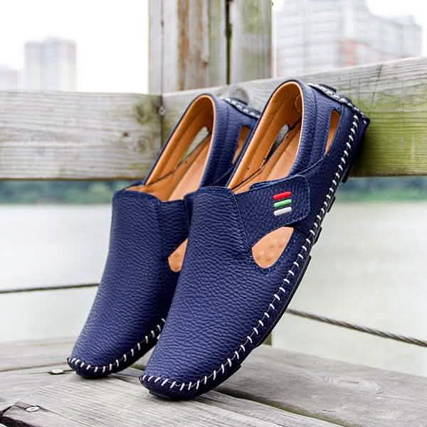 Men Casual Shoes Slip on Hollow Leather Men Shoes Men's Clothing Blue 5 - DailySale