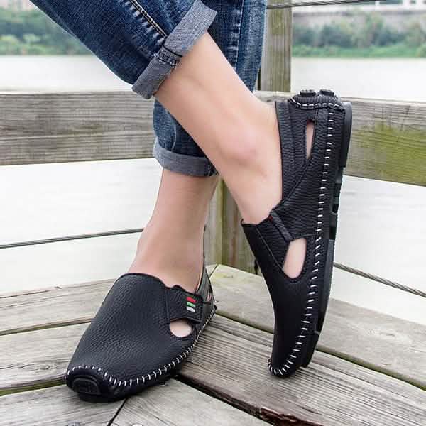 Men Casual Shoes Slip on Hollow Leather Men Shoes Men's Clothing - DailySale