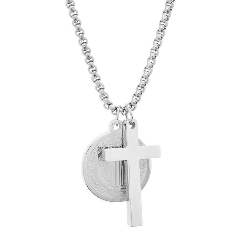 Men Stainless Steel Saint Benedict and Cross Charm with Prayer Gift Box Jewelry Silver - DailySale