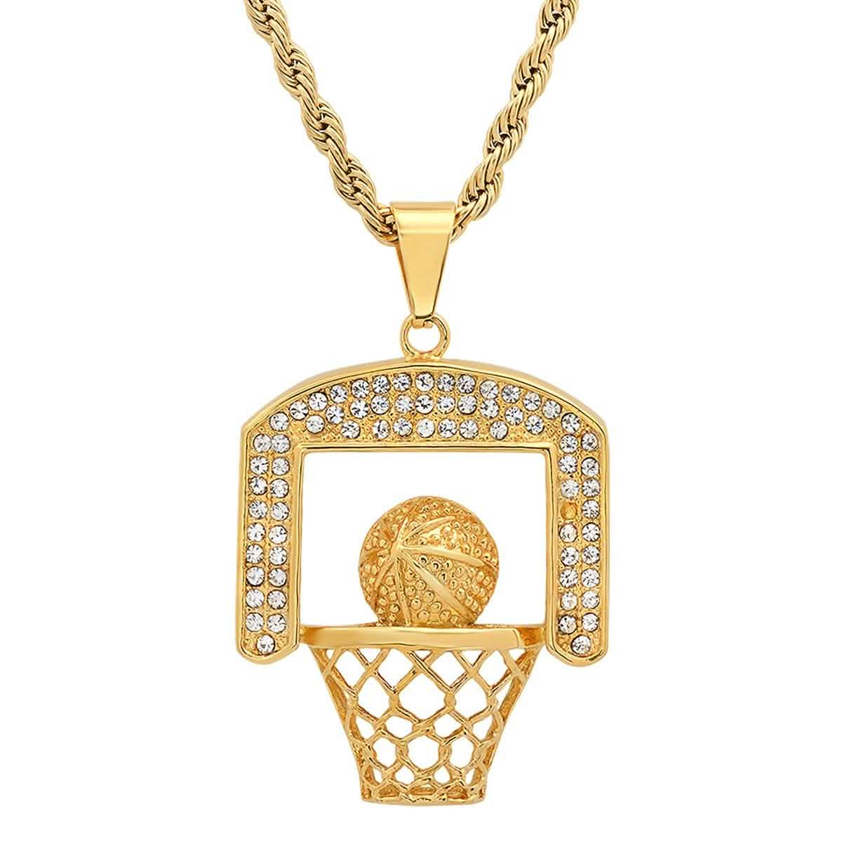 Men's 18k Gold Plated Stainless Steel and Simulated Diamonds Basketball Pendant Men's Accessories - DailySale