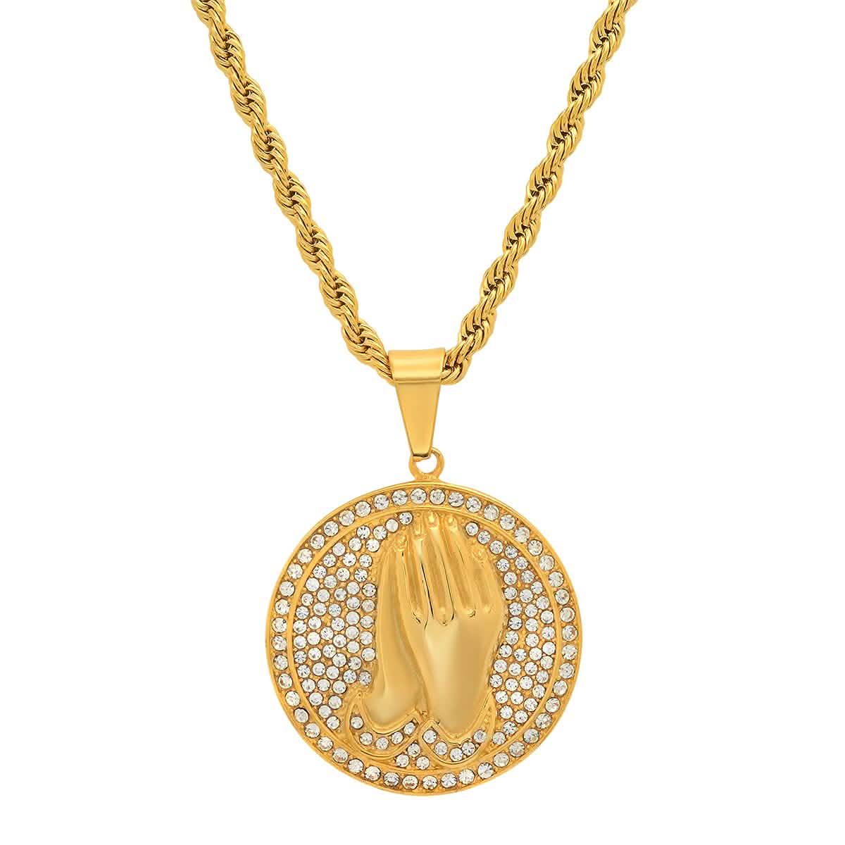 Men's 18k Gold Plated Stainless Steel and Simulated Diamonds Prayer Hands Pendant Necklaces - DailySale