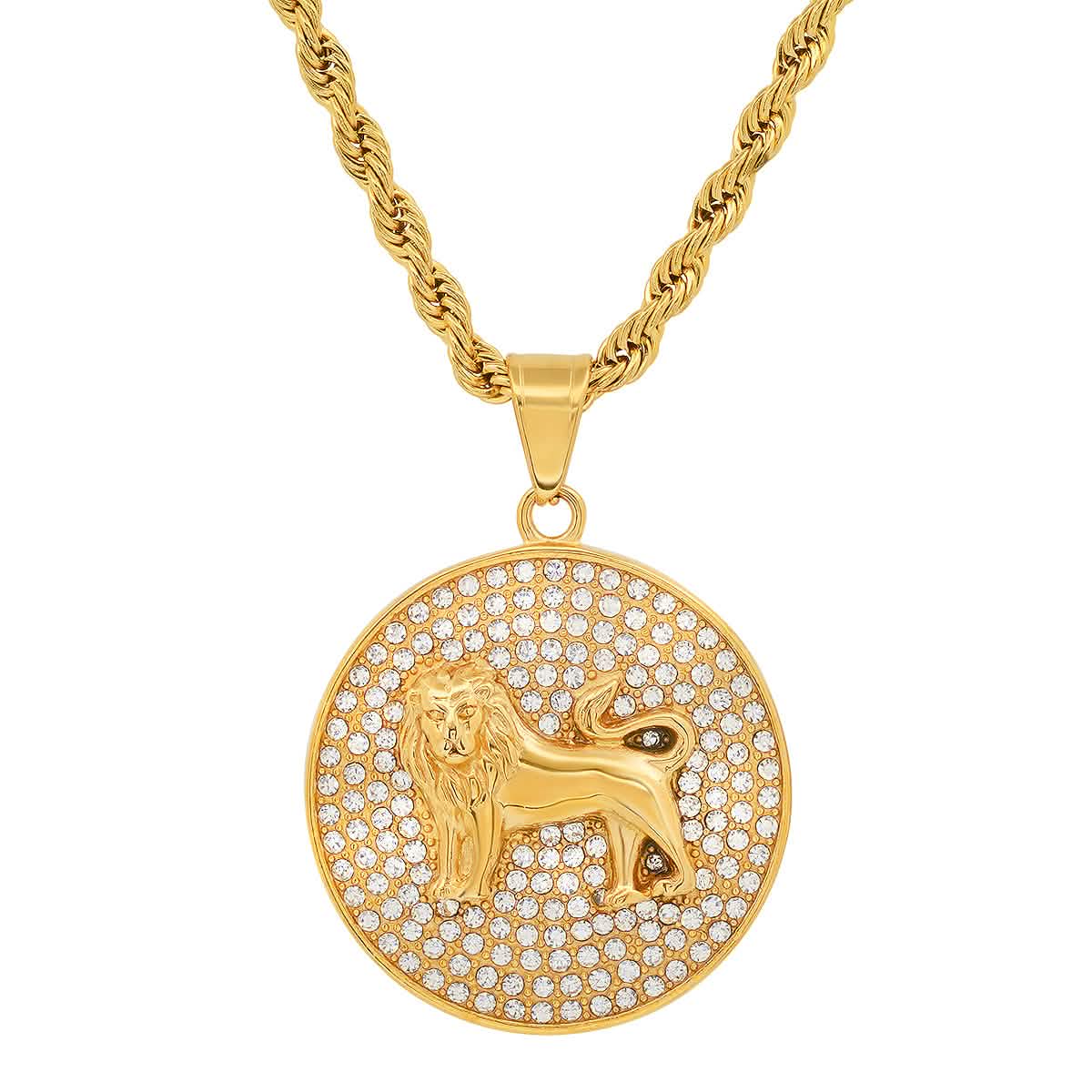 Men's 18k Gold Plated Stainless Steel And Simulated Diamonds Round Lion Pendant Necklaces - DailySale