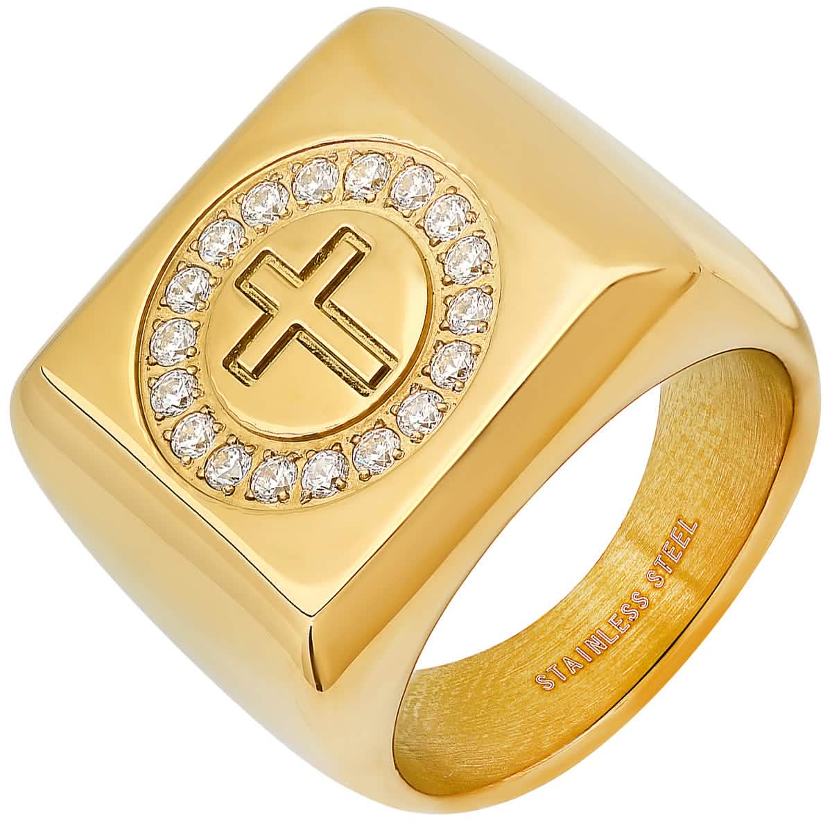 Men's 18k Gold Plated Stainless Steel and Simulated Diamonds Square Cross Ring Rings - DailySale