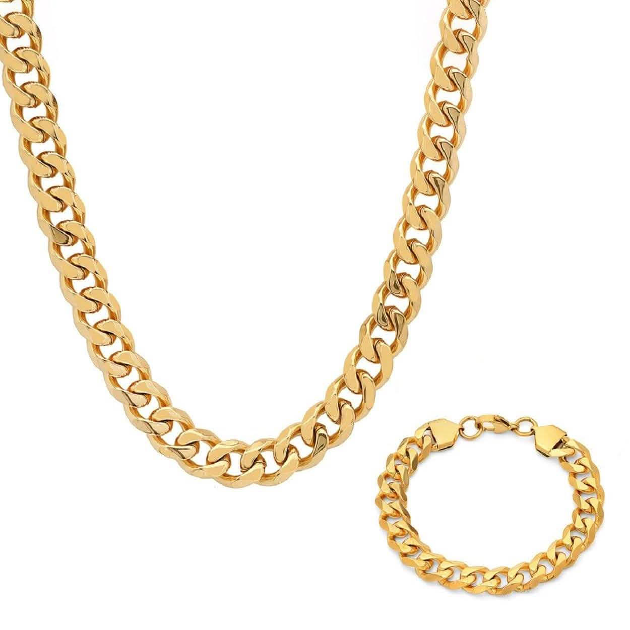 Men's 18k Gold Plated Stainless Steel Cuban Link Chain Bracelet/Necklace Set Necklaces - DailySale