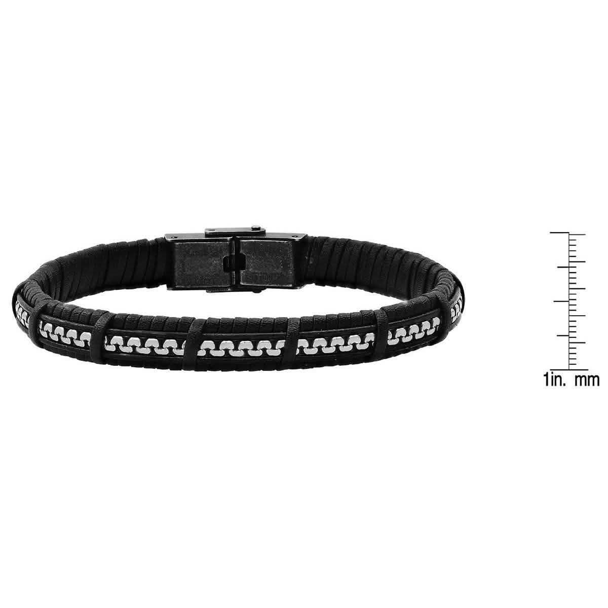 Men's Black Braided Leather and Inlay Stainless Steel Box Chain Bracelet Bracelets - DailySale