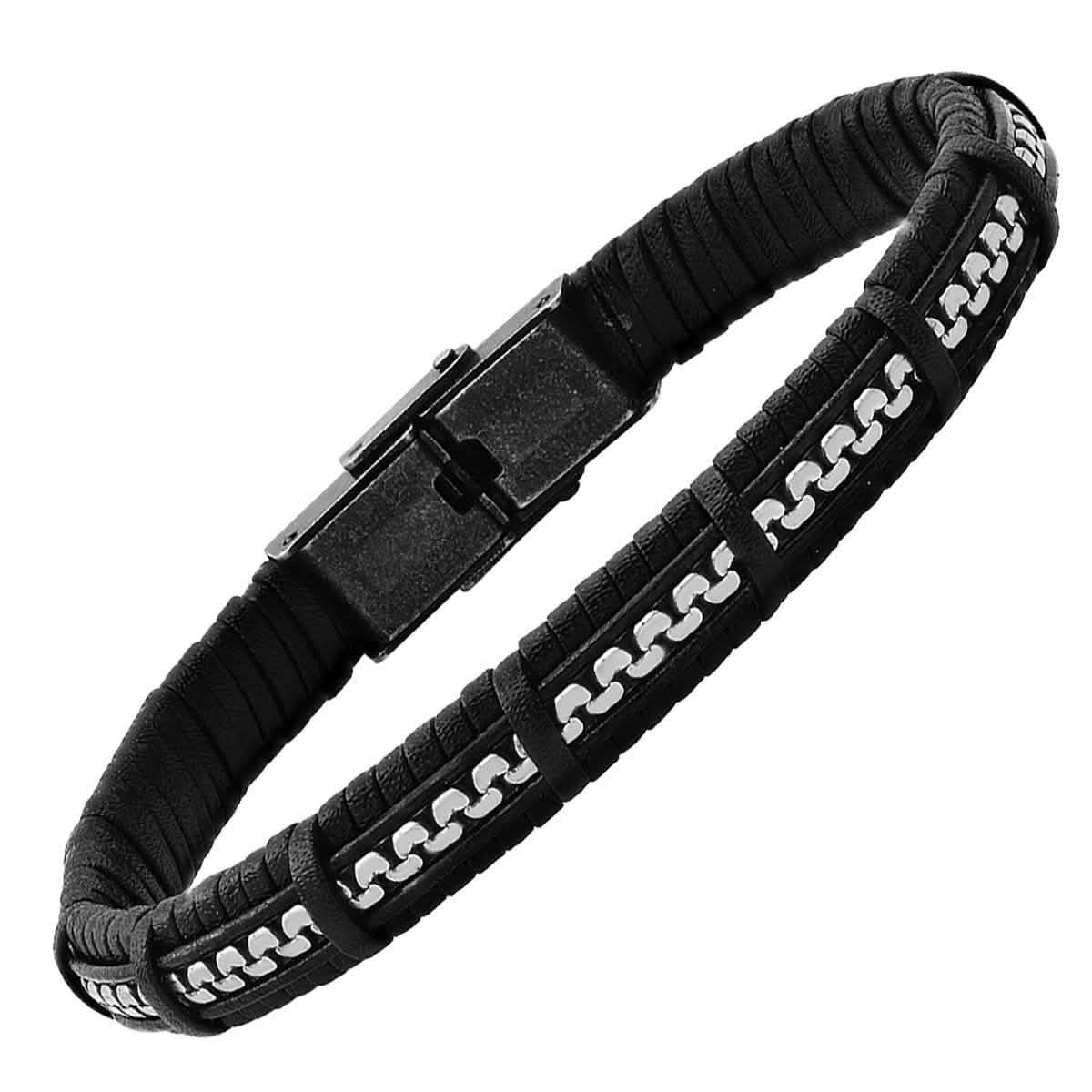 Men's Black Braided Leather and Inlay Stainless Steel Box Chain Bracelet Bracelets - DailySale