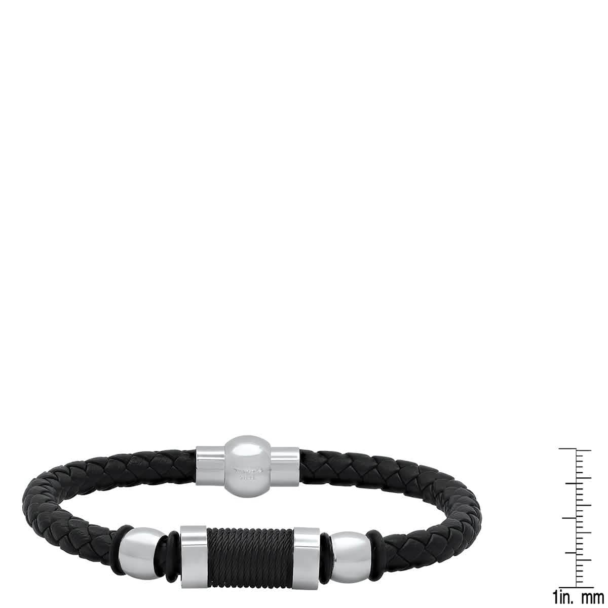 Men's Black Braided Leather, Black Threat and Stainless Steel Bracelet Bracelets - DailySale