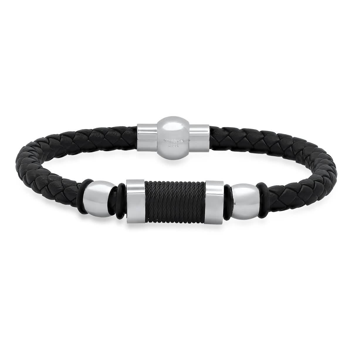 Men's Black Braided Leather, Black Threat and Stainless Steel Bracelet Bracelets - DailySale