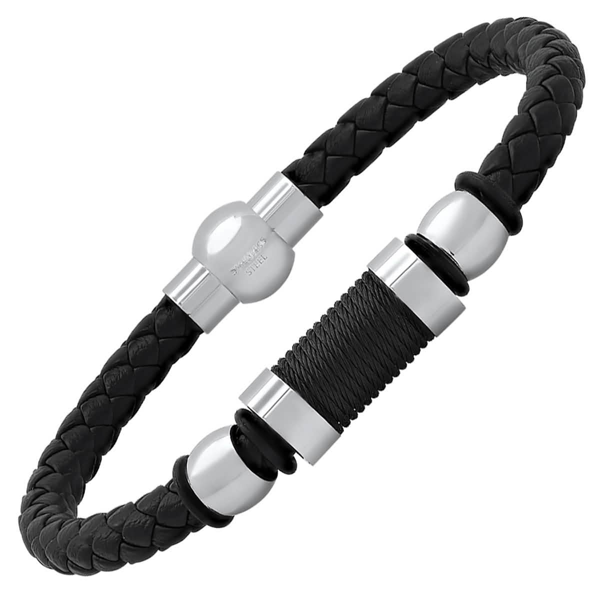Men's Black Braided Leather, Black Threat and Stainless Steel Bracelet Bracelets - DailySale