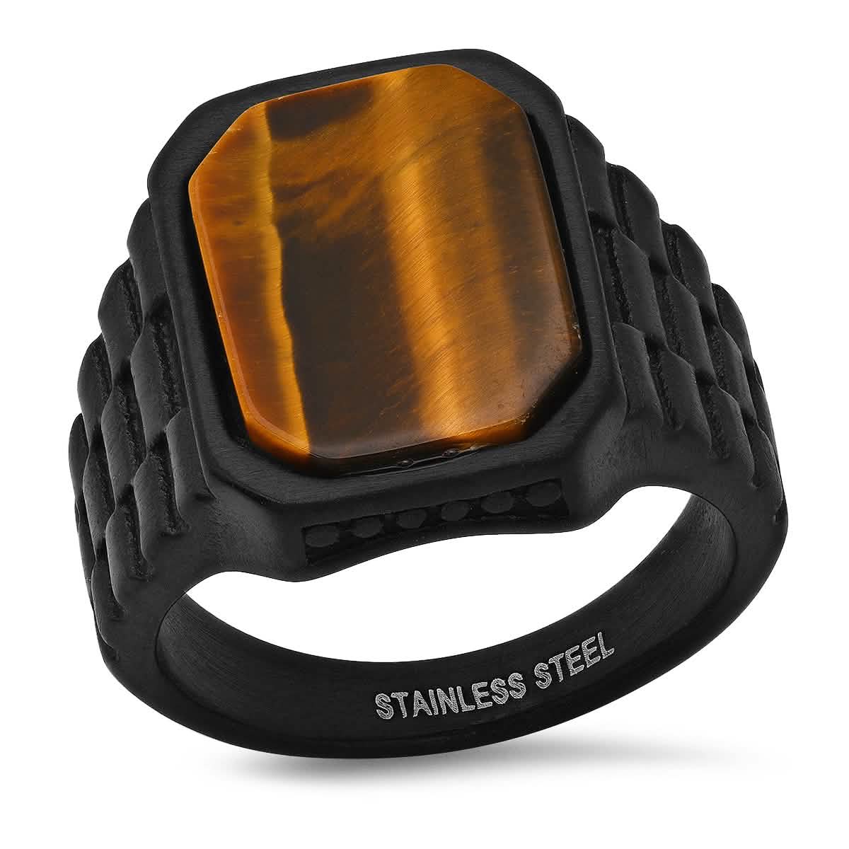 Men's Black IP Stainless Steel and Tiger Eye Ring Rings 9 - DailySale