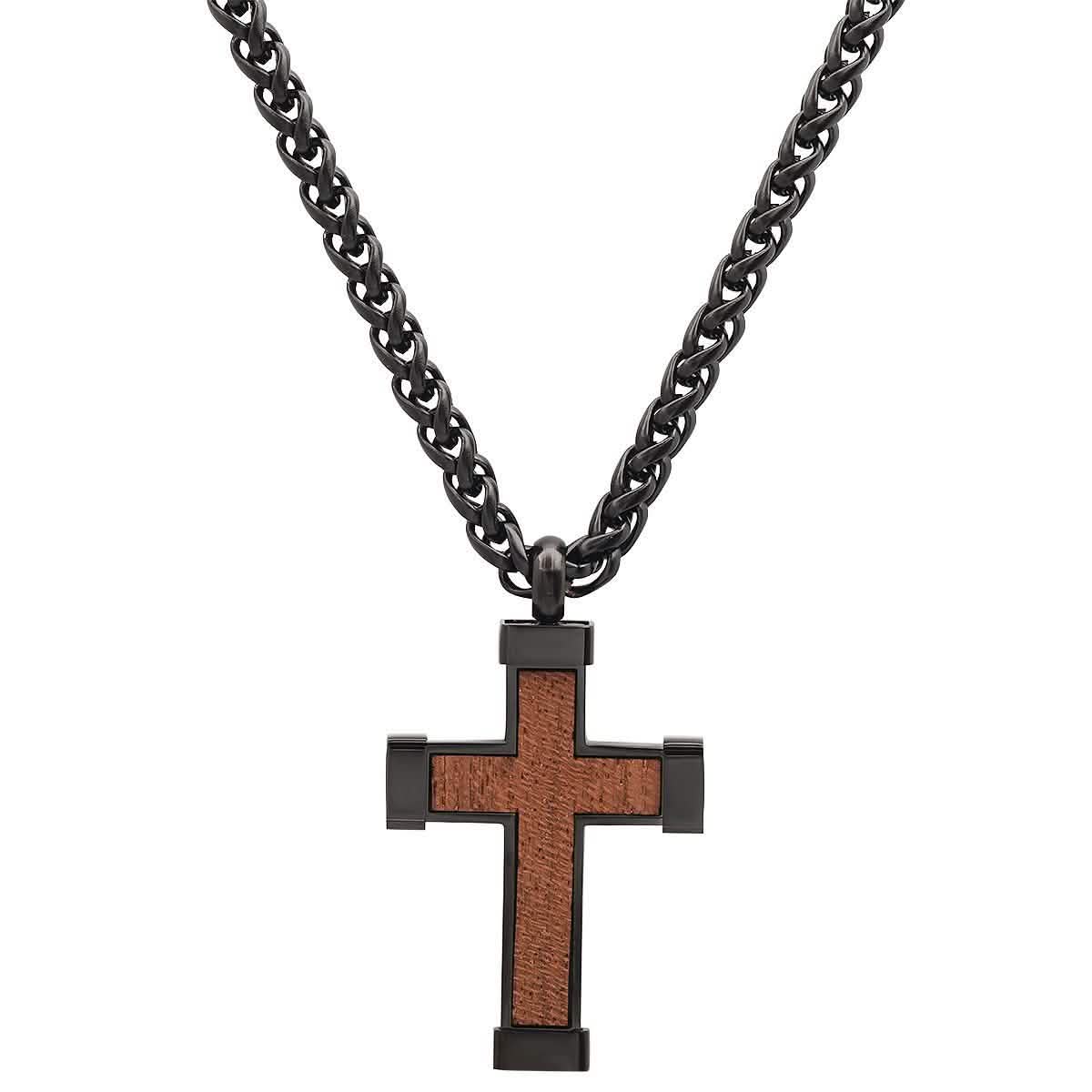 Men's Black IP Stainless Steel and Wood Cross Pendant Men's Accessories - DailySale