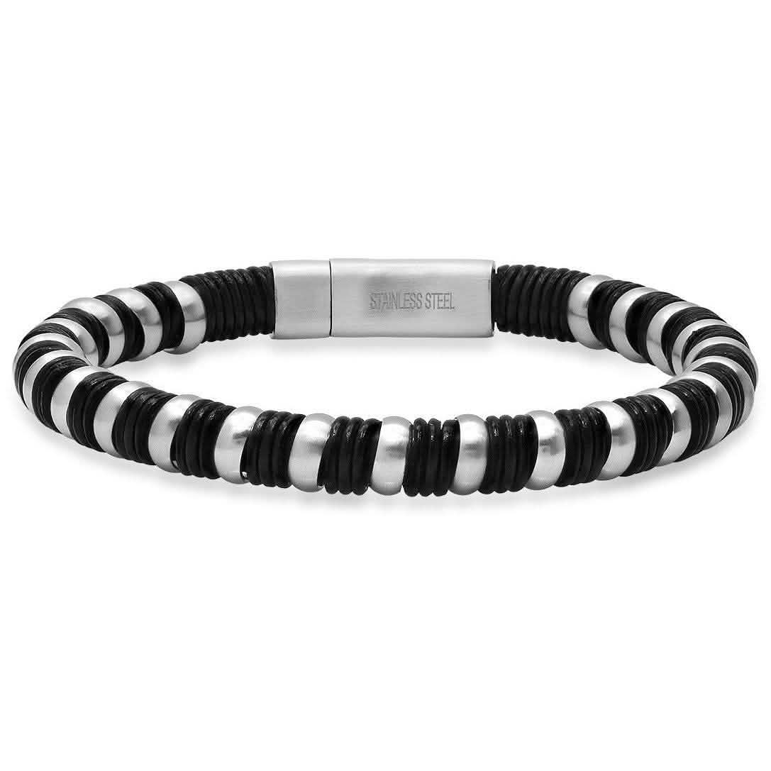 Men's Black Leather and Stainless Steel Braided Bracelet Bracelets - DailySale
