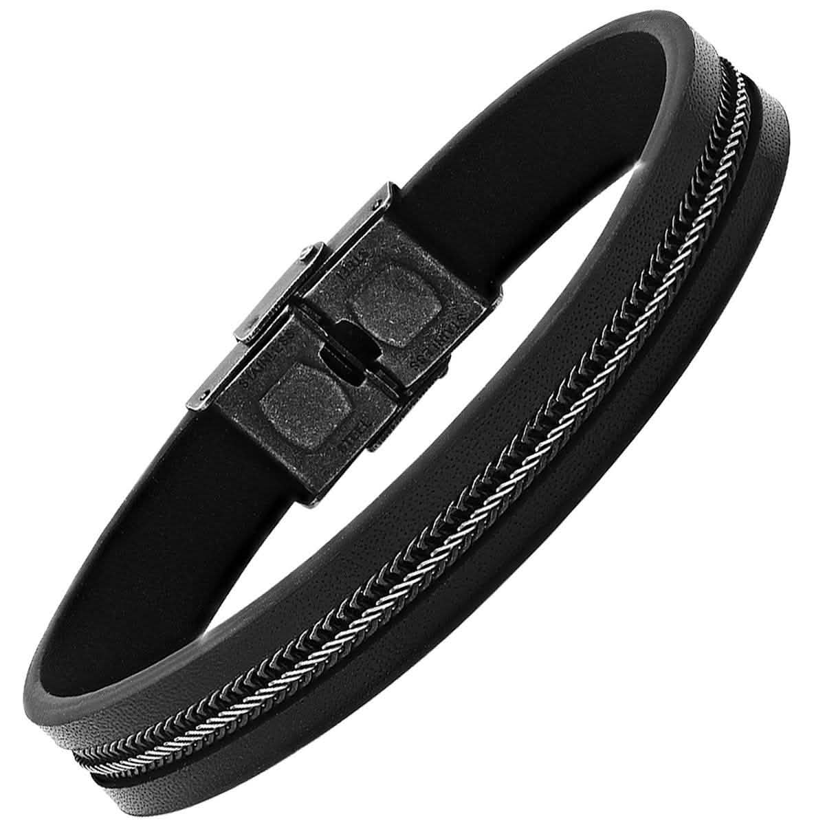 Men's Black Leather and Two Tone Black IP & Stainless Steel Inlay Wheat Chain Bracelet Bracelets - DailySale