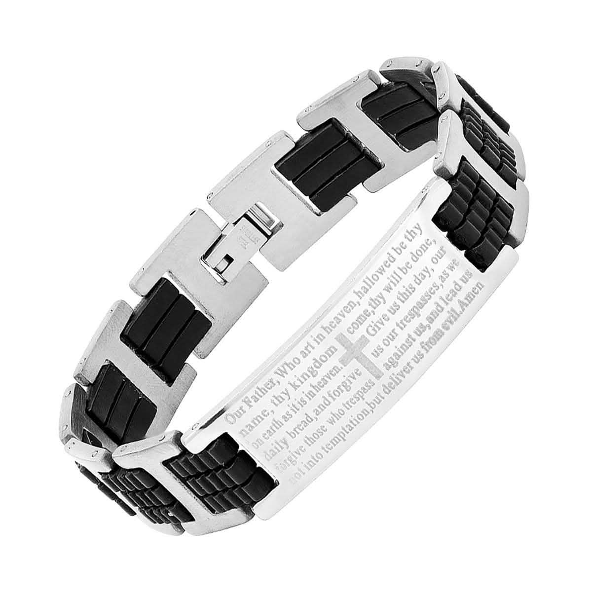 Men's Black Rubber and Stainless Steel Our Father English Prayer ID Link Bracelet Bracelets - DailySale