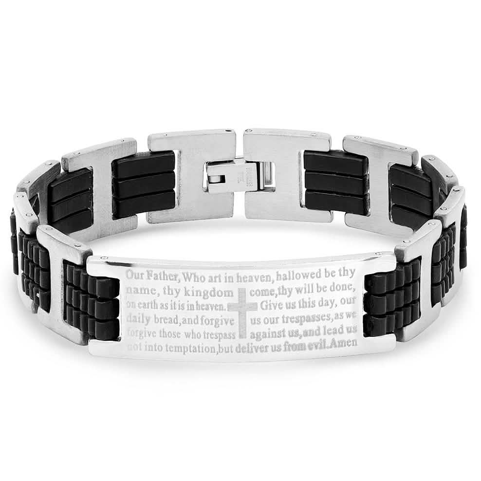 Men's Black Rubber and Stainless Steel Our Father English Prayer ID Link Bracelet Bracelets - DailySale