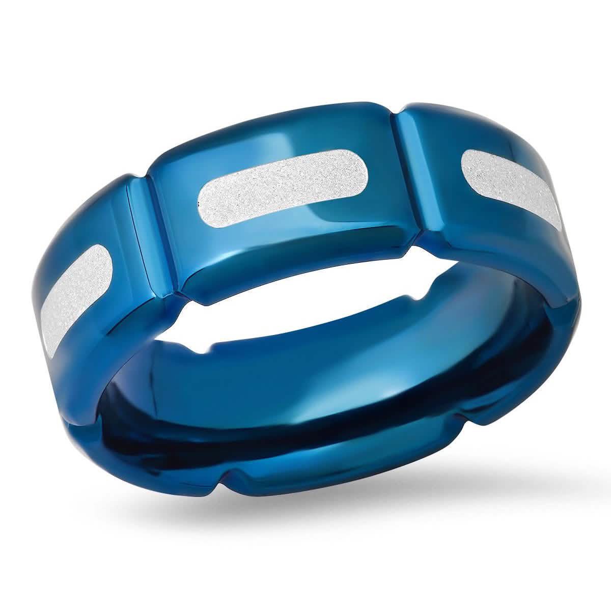 Men's Blue IP Stainless Steel and White Silver Glittery Film Band Ring Rings - DailySale