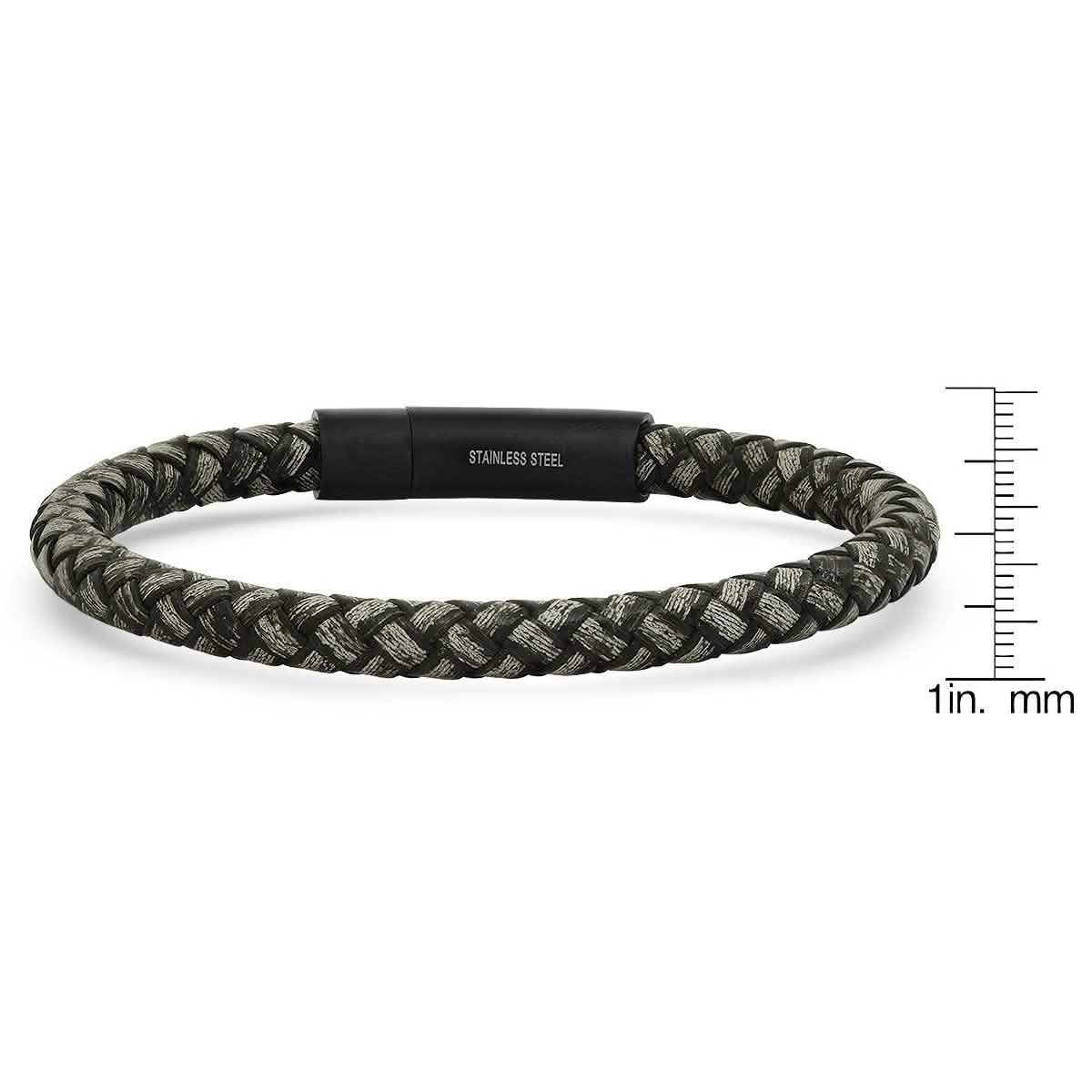 Men's Braided Black/Gray Leather and Black IP Stainless Steel Clasp Bracelet Bracelets - DailySale