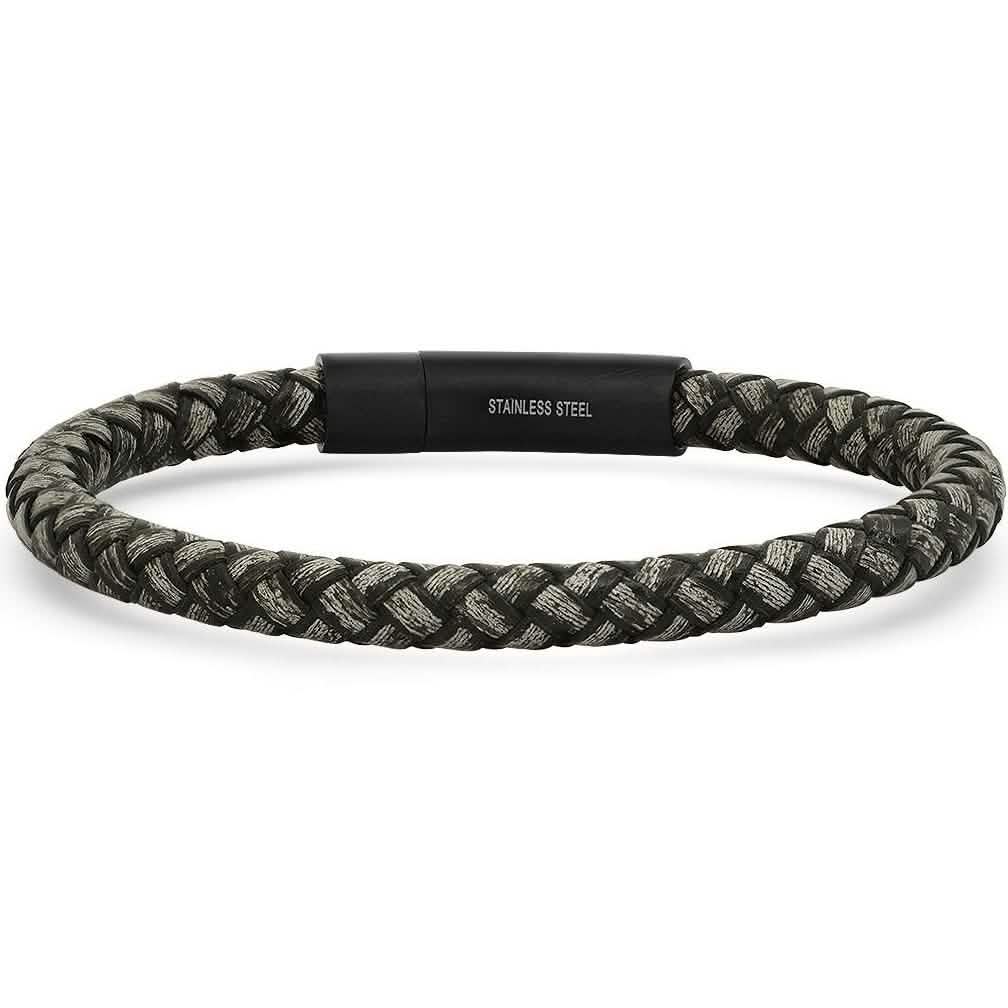 Men's Braided Black/Gray Leather and Black IP Stainless Steel Clasp Bracelet Bracelets - DailySale