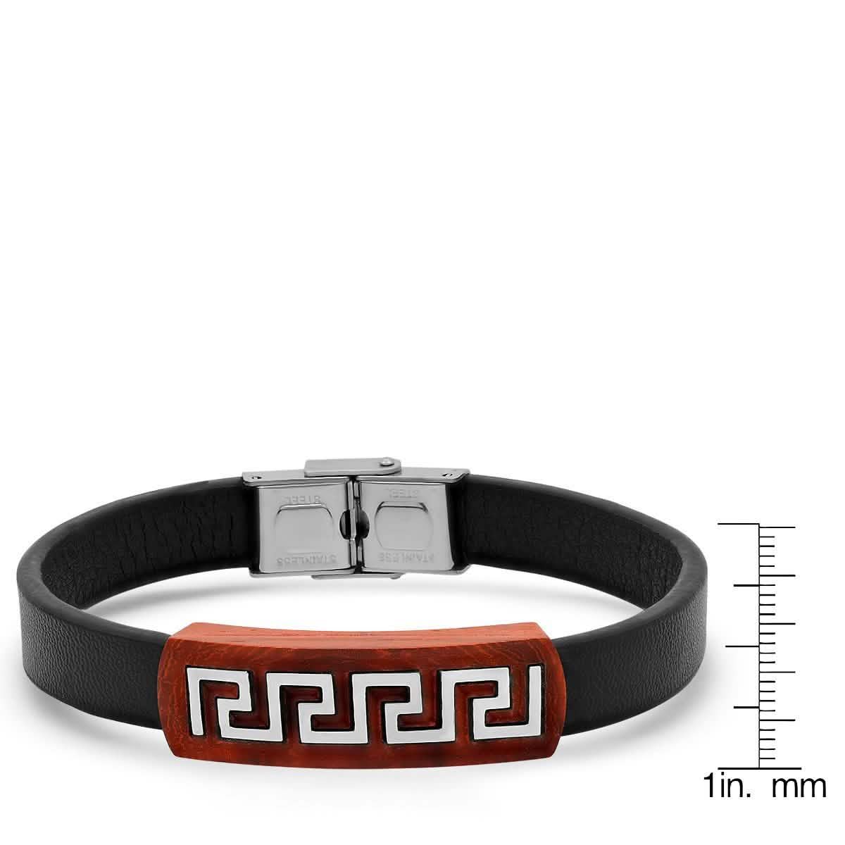 Men's Brown Leather Wood and Stainless Steel Greek Key Accents ID Bracelet Bracelets - DailySale