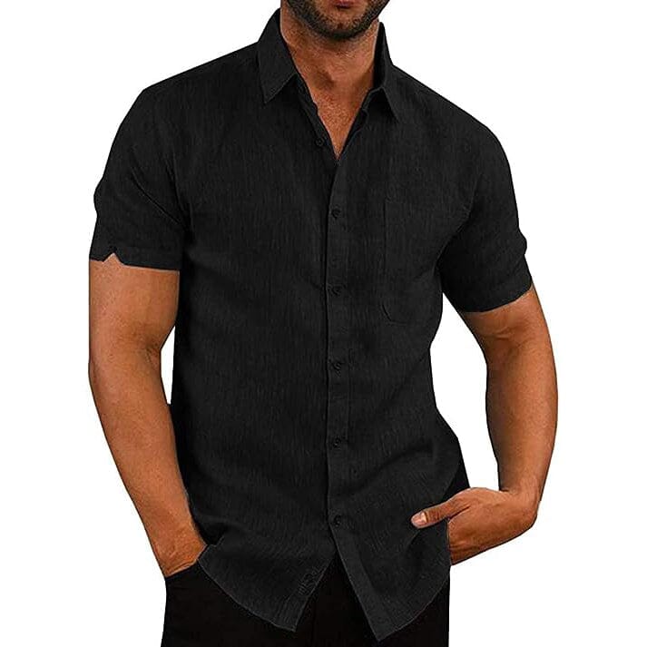 Mens Button Down Short Sleeve Linen Shirts Men's Tops Black S - DailySale