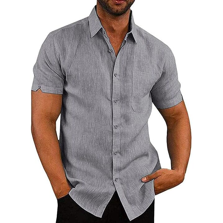 Mens Button Down Short Sleeve Linen Shirts Men's Tops Gray S - DailySale