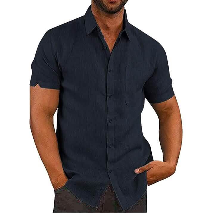 Mens Button Down Short Sleeve Linen Shirts Men's Tops Navy S - DailySale