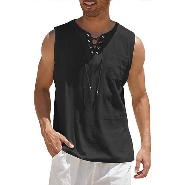 Men's Cotton Linen Tank Top Shirts Casual Sleeveless Lace Up Beach Hippie Tops Bohemian Renaissance Pirate Tunic Men's Tops Black S - DailySale