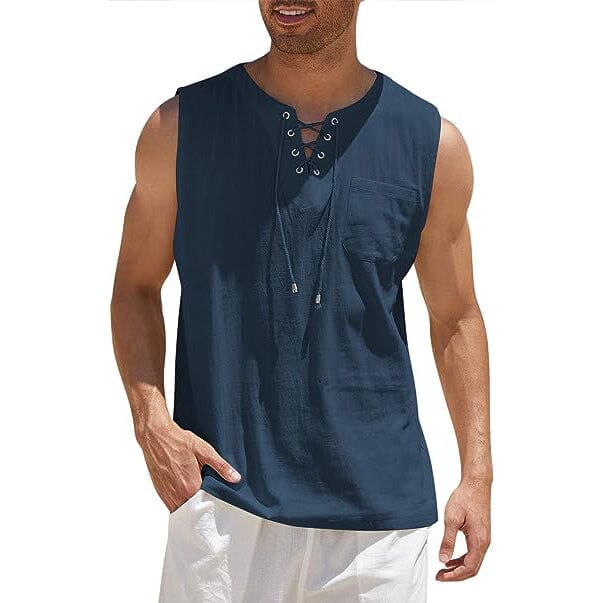 Men's Cotton Linen Tank Top Shirts Casual Sleeveless Lace Up Beach Hippie Tops Bohemian Renaissance Pirate Tunic Men's Tops Blue S - DailySale