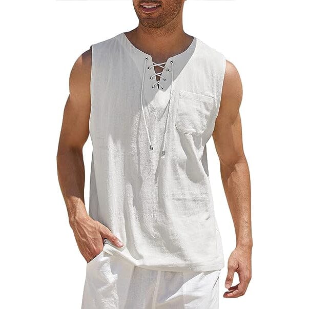 Men's Cotton Linen Tank Top Shirts Casual Sleeveless Lace Up Beach Hip
