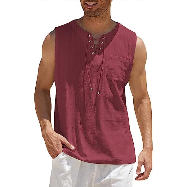 Men's Cotton Linen Tank Top Shirts Casual Sleeveless Lace Up Beach Hippie Tops Bohemian Renaissance Pirate Tunic Men's Tops Wine S - DailySale
