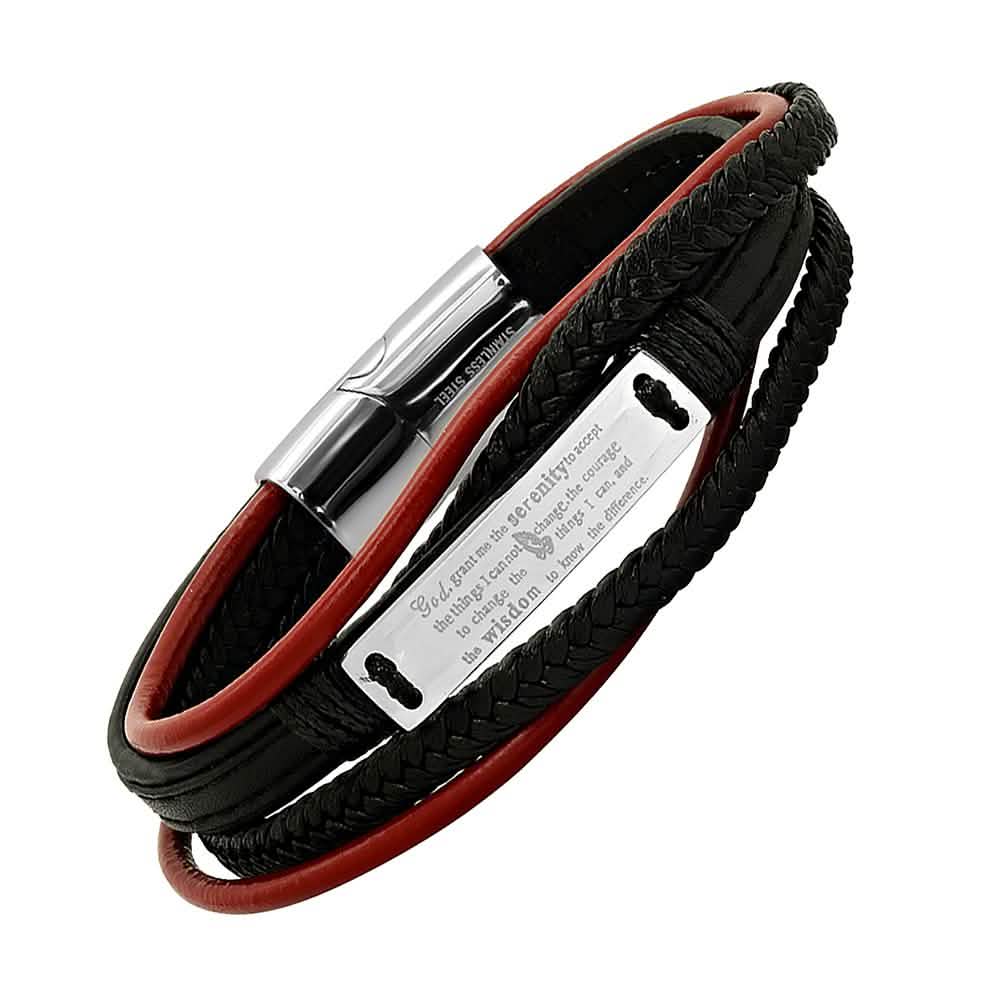 Men's Layered Leather With Stainless Steel Serenetiy Prayer Id Bracelet Bracelets - DailySale