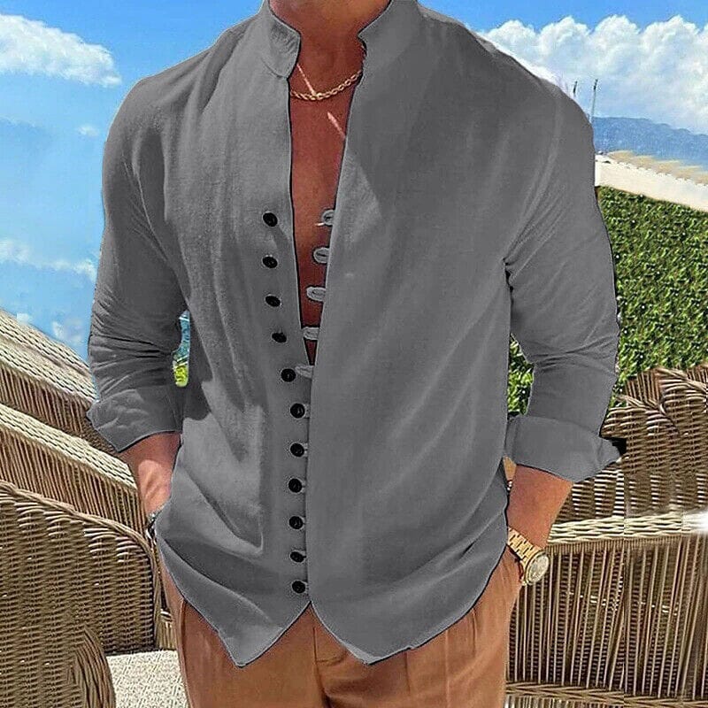 Men's Linen Button Up Shirt Long Sleeve Plain Band Collar Men's Tops Dark Gray S - DailySale