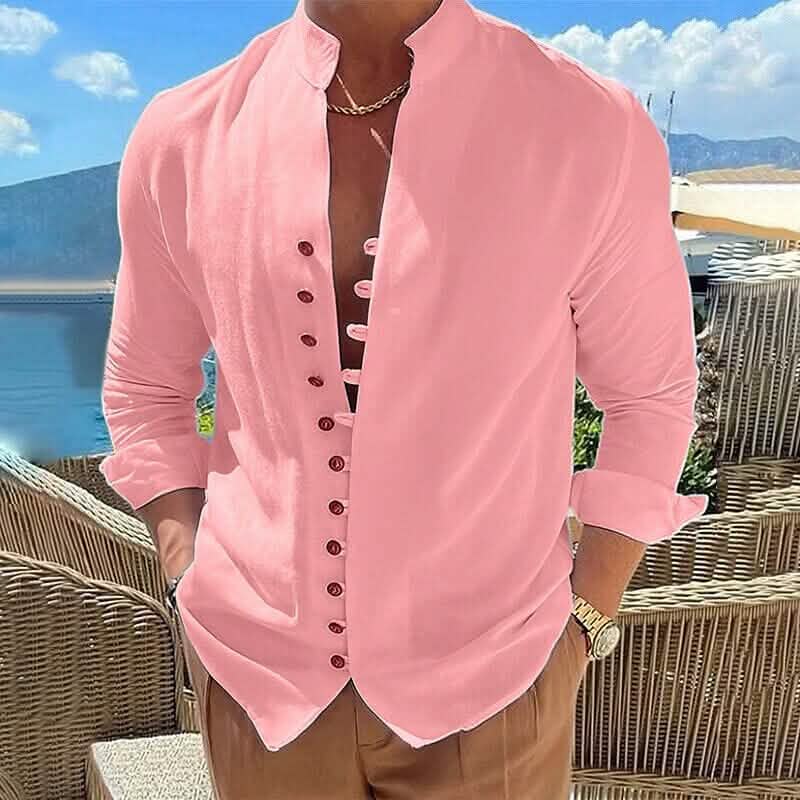 Men's Linen Button Up Shirt Long Sleeve Plain Band Collar Men's Tops Pink S - DailySale