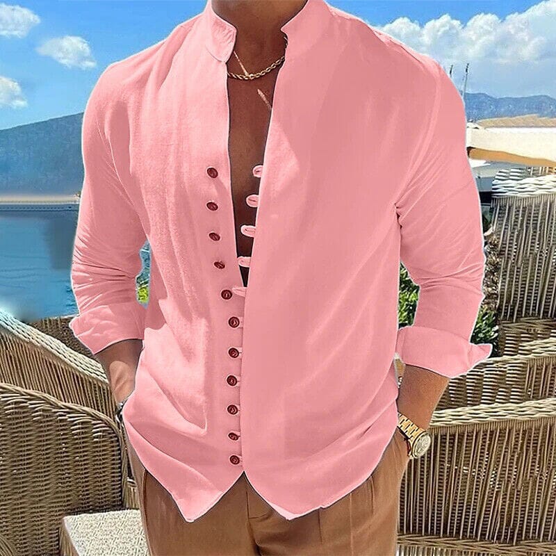 Men's Linen Button Up Shirt Long Sleeve Plain Band Collar Men's Tops Pink S - DailySale