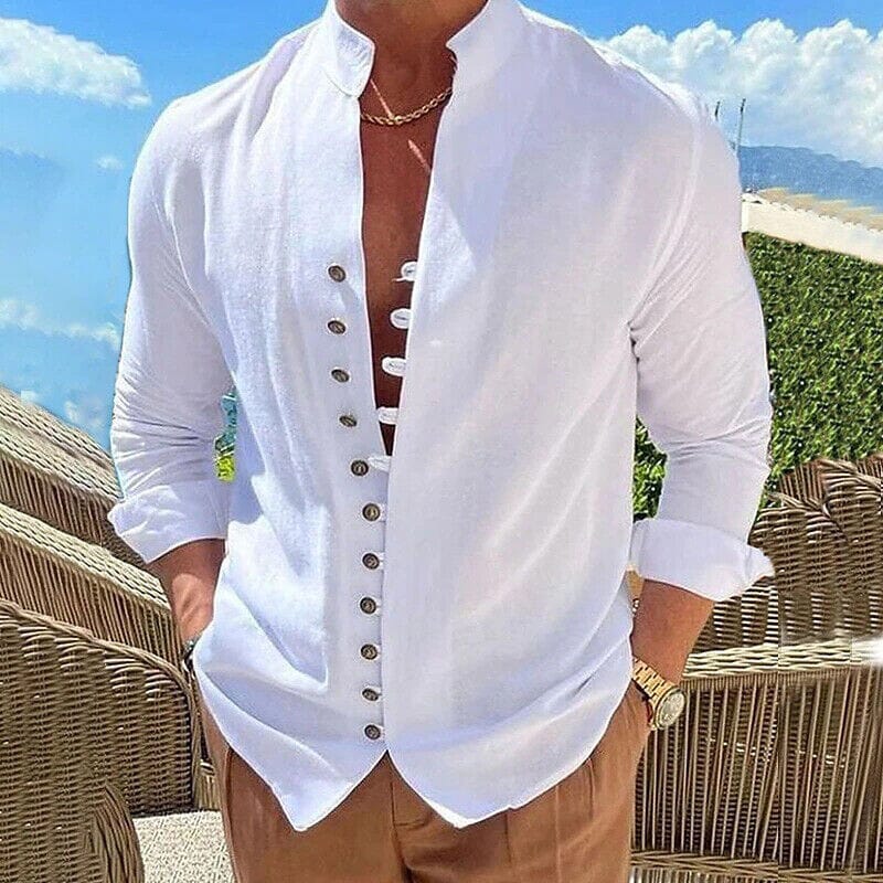 Men's Linen Button Up Shirt Long Sleeve Plain Band Collar Men's Tops White S - DailySale